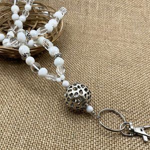 White, Clear & Silver, Multi Bead Design, Lanyard, Badge, ID Holder, Keychain